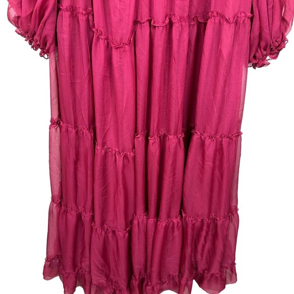 FLAWED - NWT Mac Duggal Ruffle Tiered Puff Sleeve A Line Gown 18 Berry #8247 - Picture 6 of 16